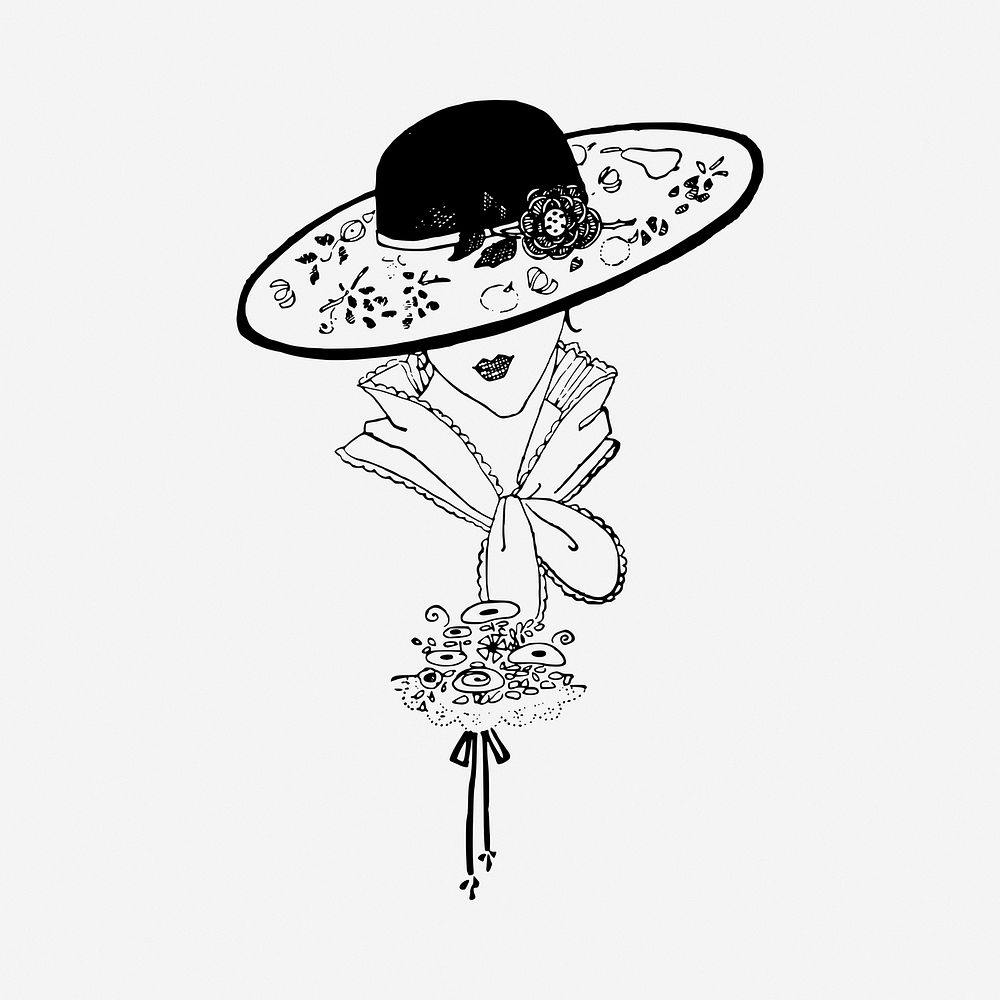 Hat lady, fashion drawing, vintage illustration. Free public domain CC0 image.