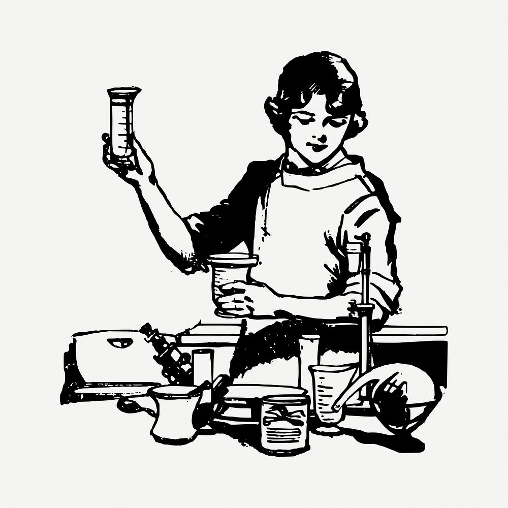 Female chemist drawing, vintage illustration psd. Free public domain CC0 image.