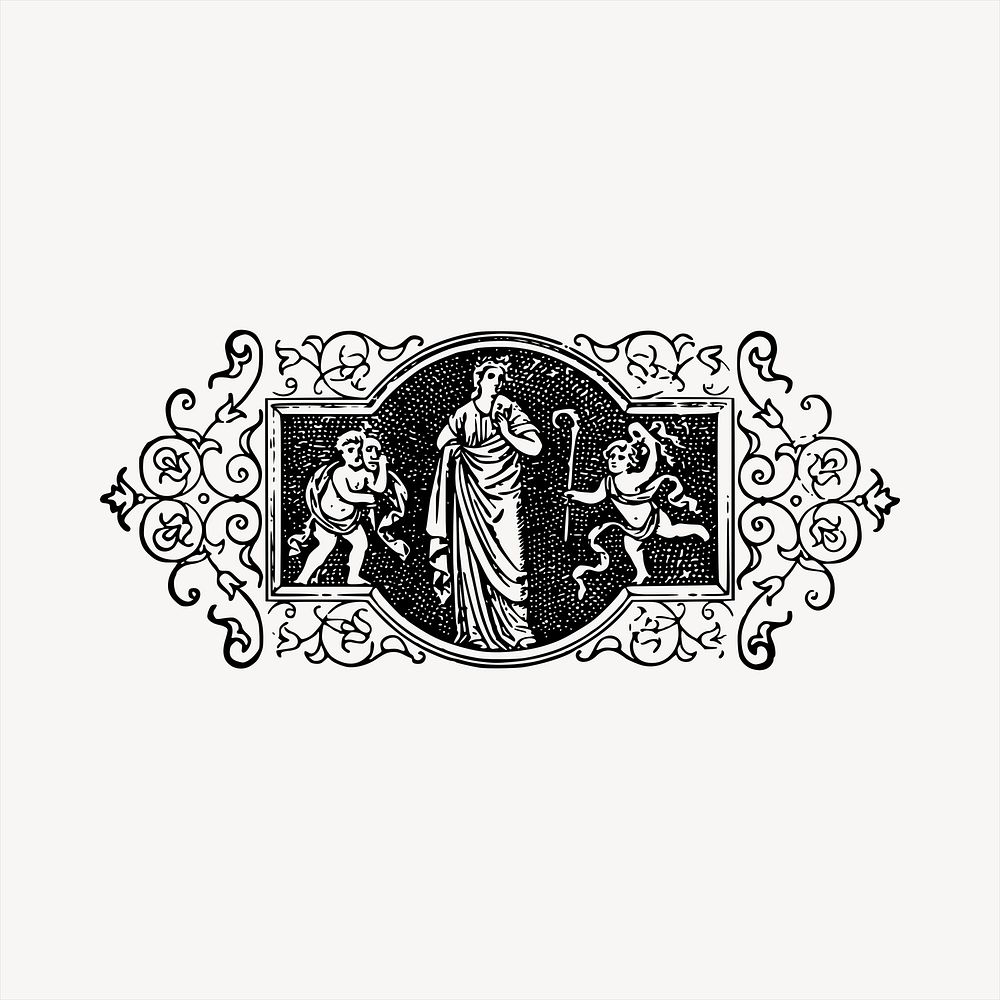 Angel ornament badge  clipart, vintage hand drawn vector. Free public domain CC0 image.