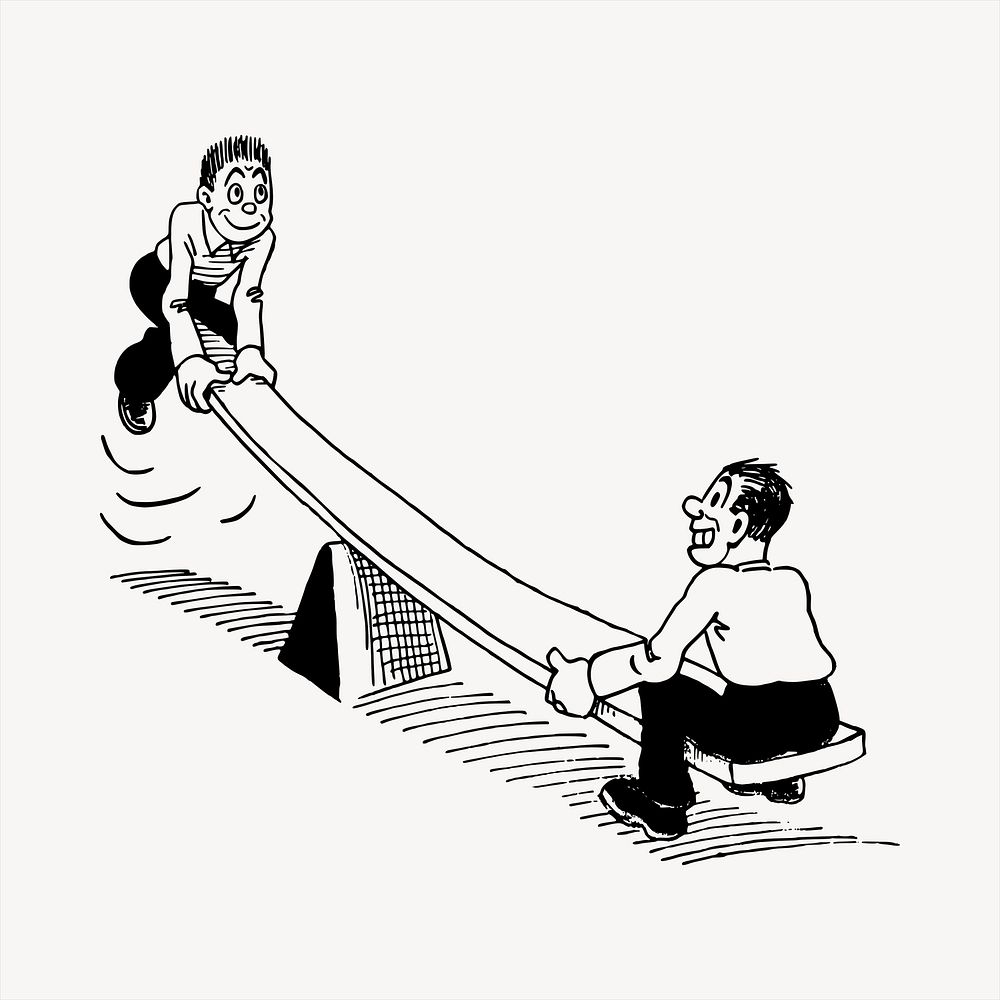 People playing seesaw  clipart, vintage hand drawn vector. Free public domain CC0 image.