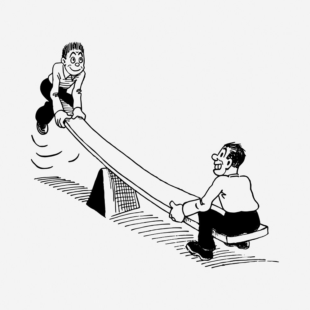 People playing seesaw drawing, vintage illustration. Free public domain CC0 image.