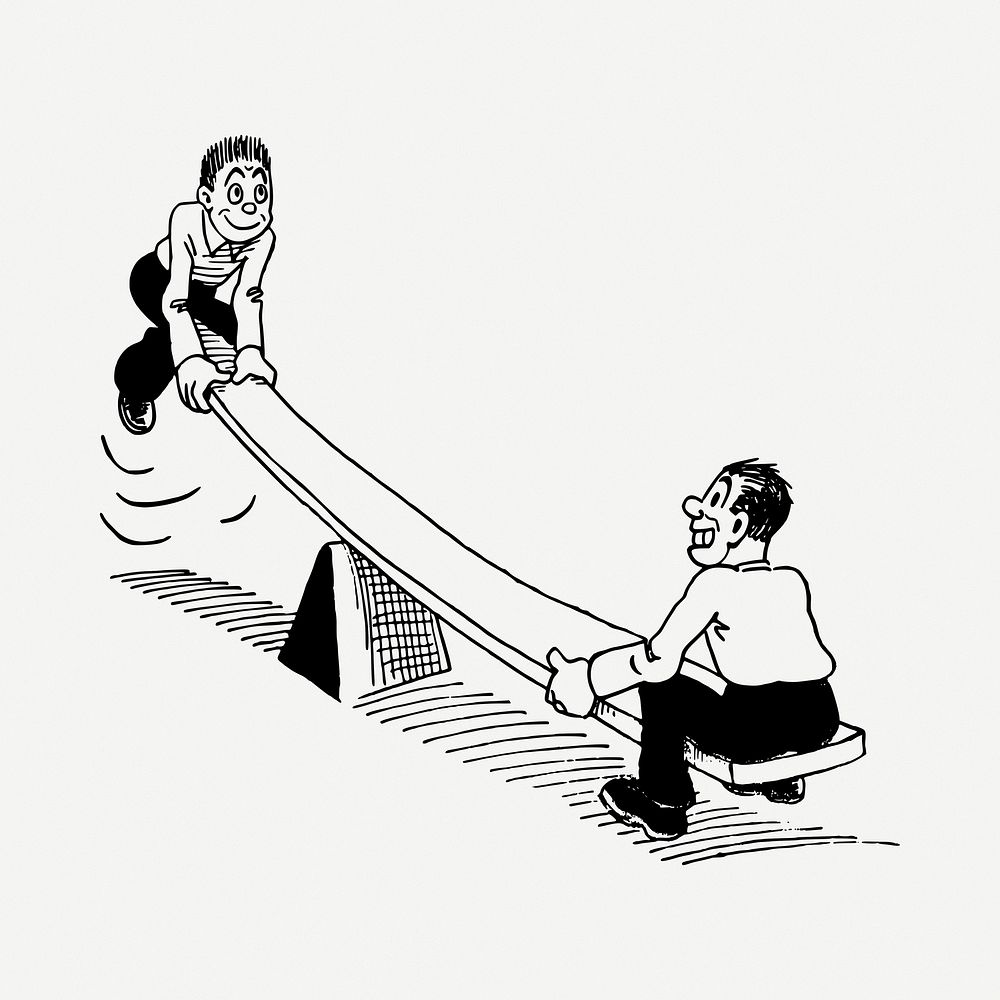 People playing seesaw drawing, vintage illustration psd. Free public domain CC0 image.