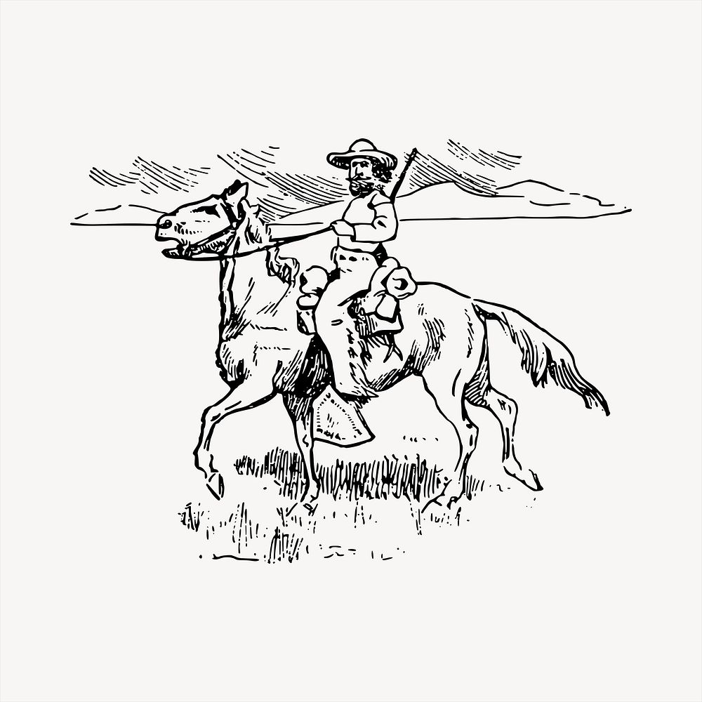 Cowboy riding horse  clipart, vintage hand drawn vector. Free public domain CC0 image.