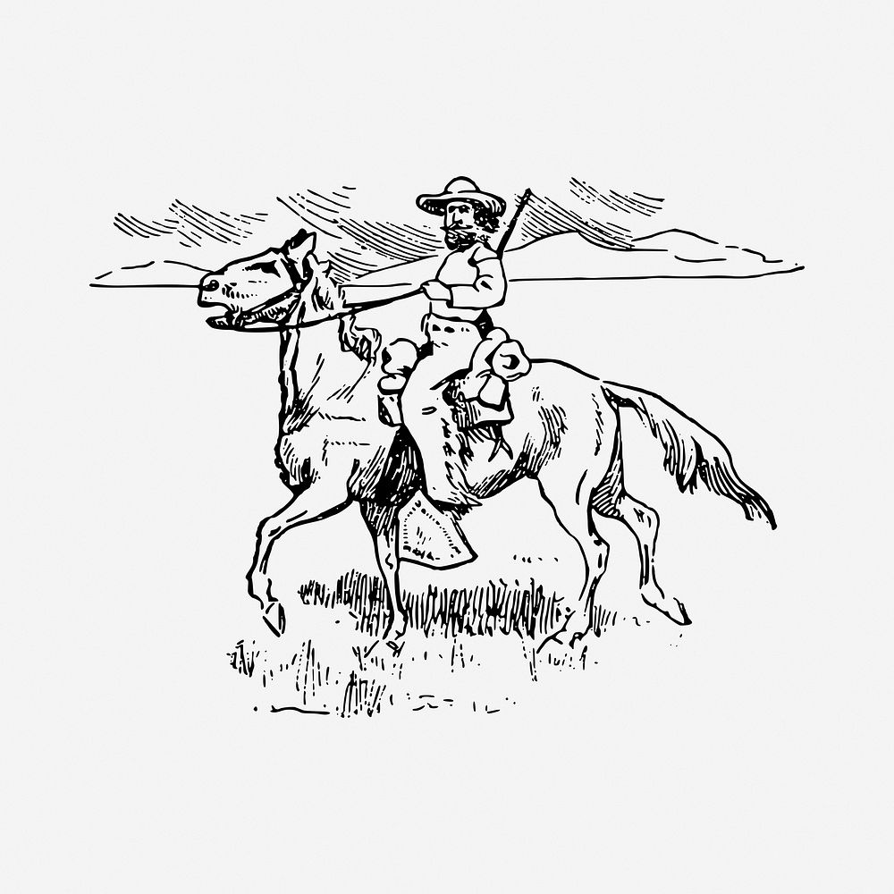 Cowboy riding horse drawing, vintage illustration. Free public domain CC0 image.