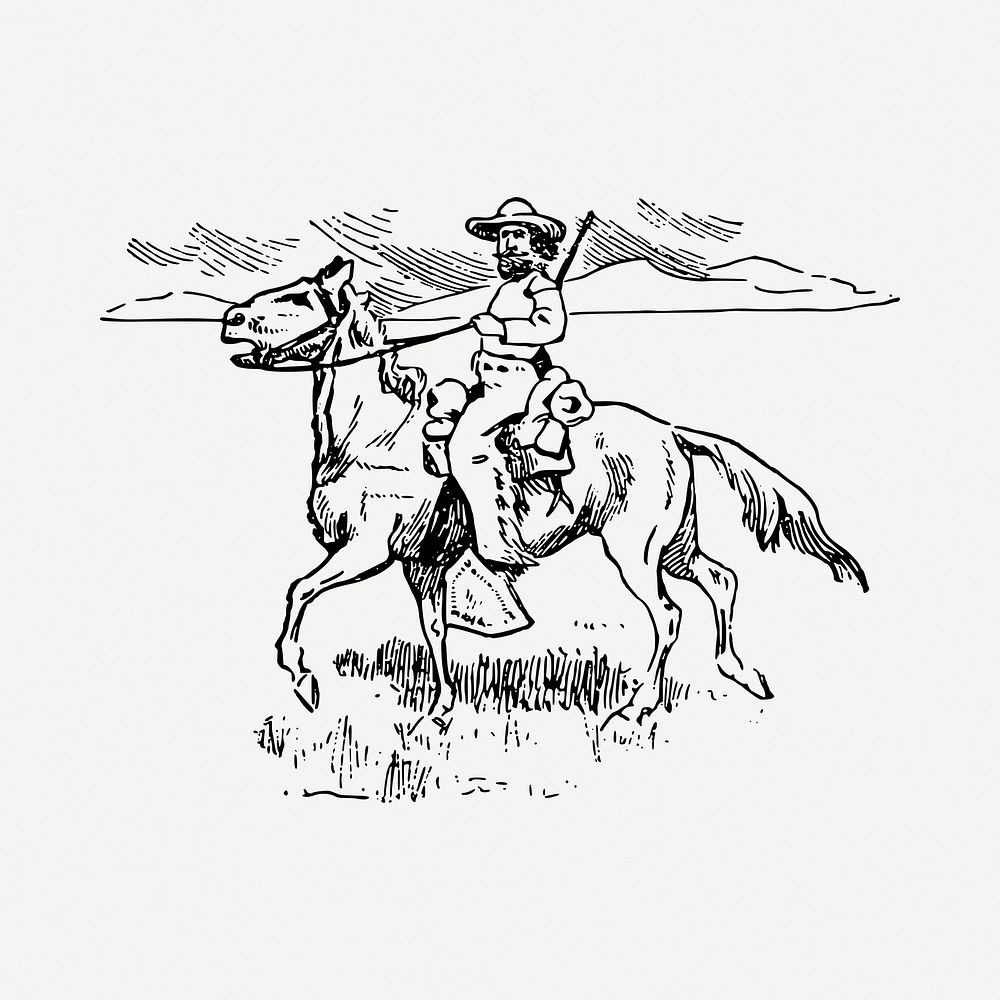 Cowboy riding horse drawing, vintage illustration psd. Free public domain CC0 image.