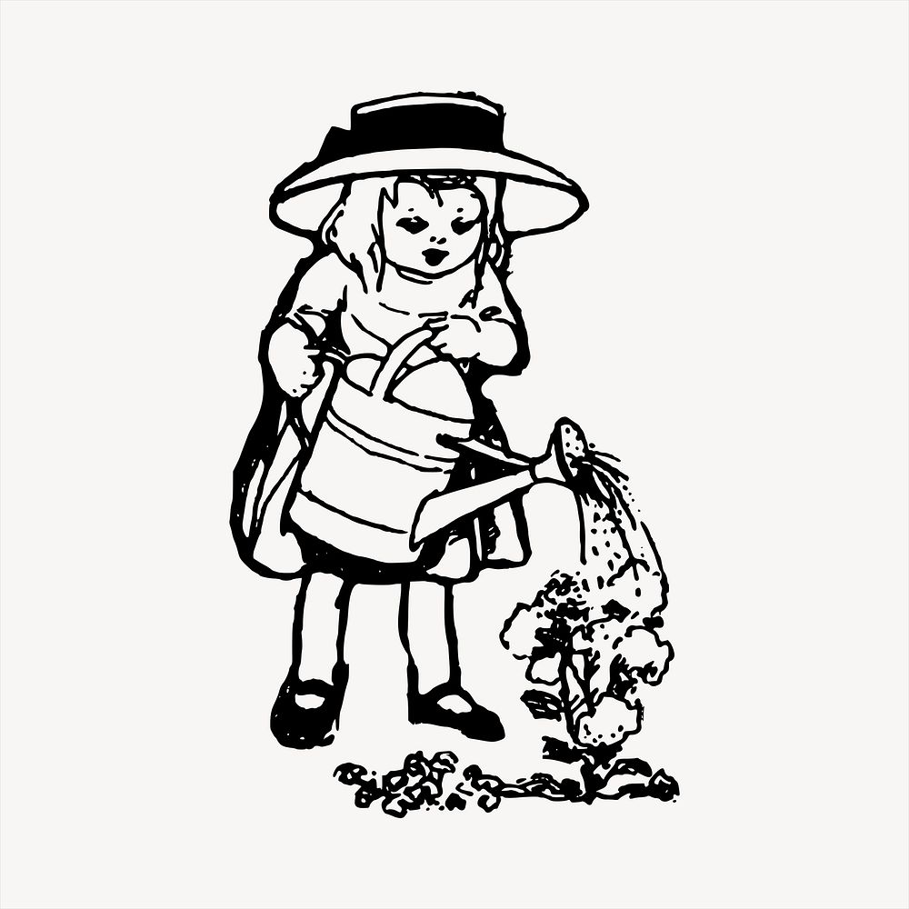 Girl watering flower  clipart, vintage hand drawn vector. Free public domain CC0 image.