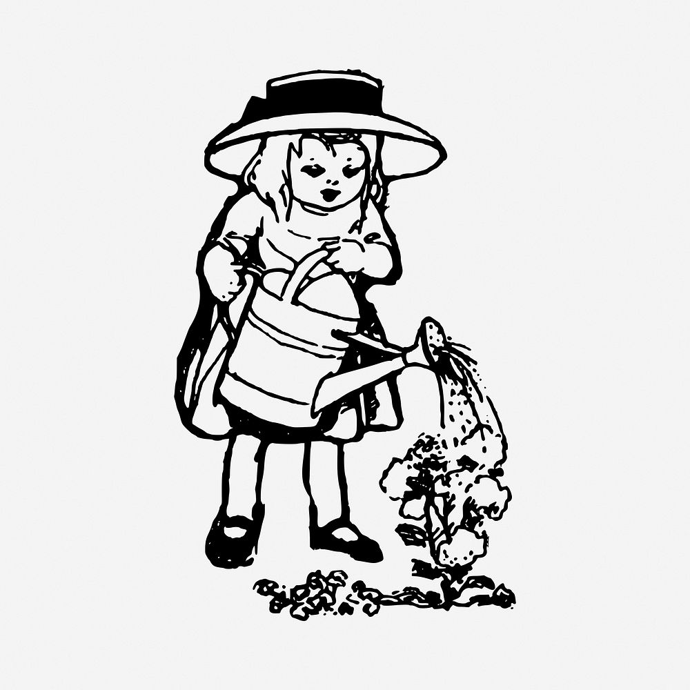 Girl watering flower drawing, vintage illustration. Free public domain CC0 image.