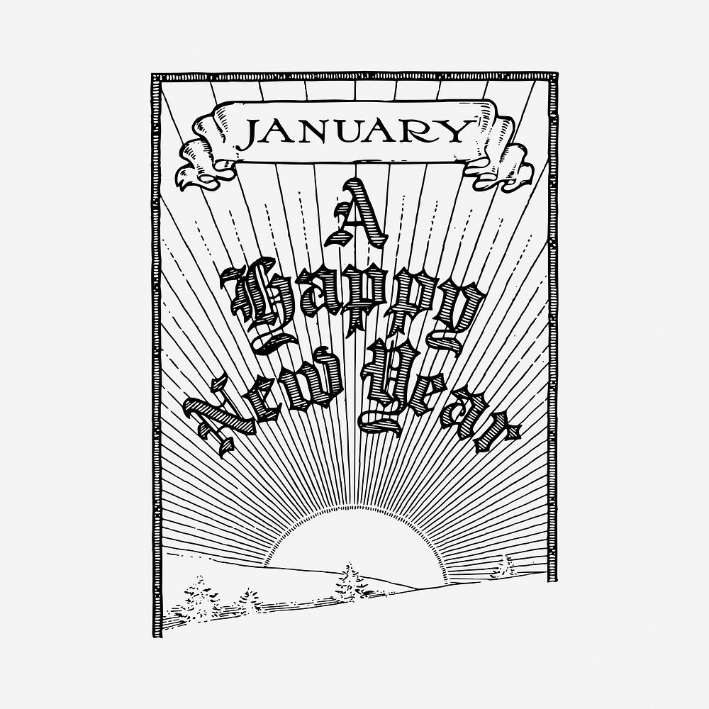 Happy New Year poster drawing, vintage illustration. Free public domain CC0 image.