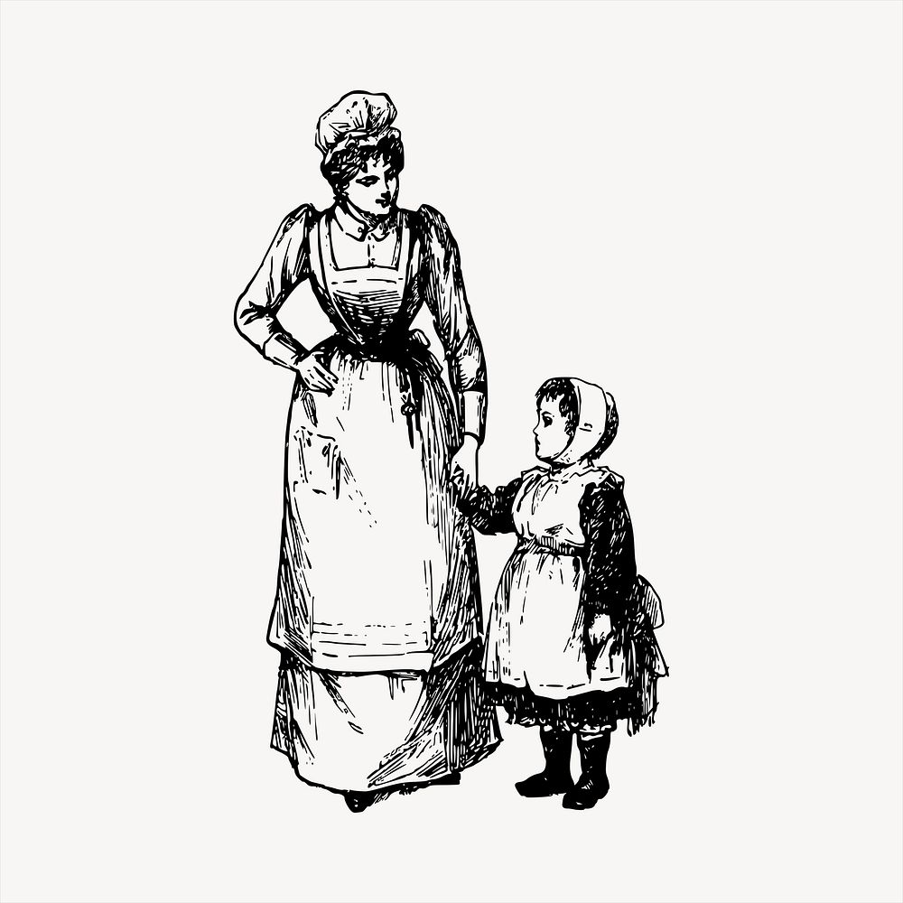 Mother and daughter   clipart, vintage hand drawn vector. Free public domain CC0 image.