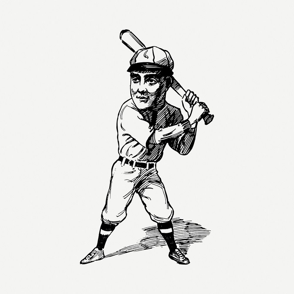 Baseball player drawing, vintage illustration psd. Free public domain CC0 image.