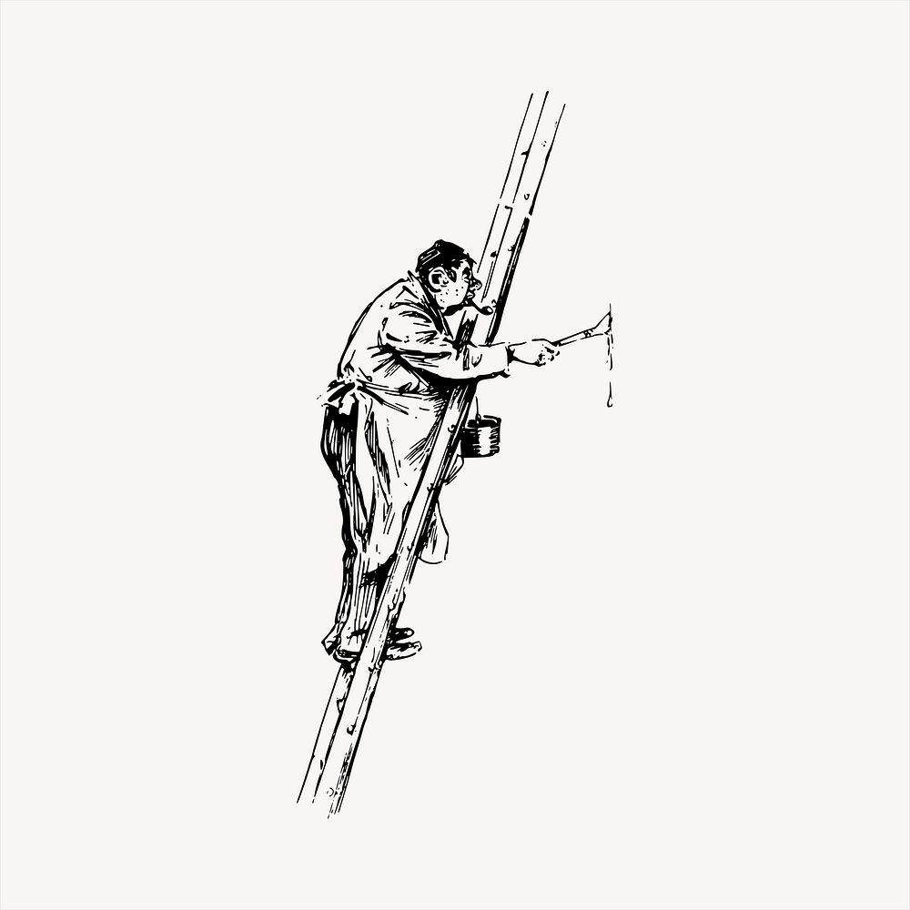 Painter on ladder  clipart, vintage hand drawn vector. Free public domain CC0 image.