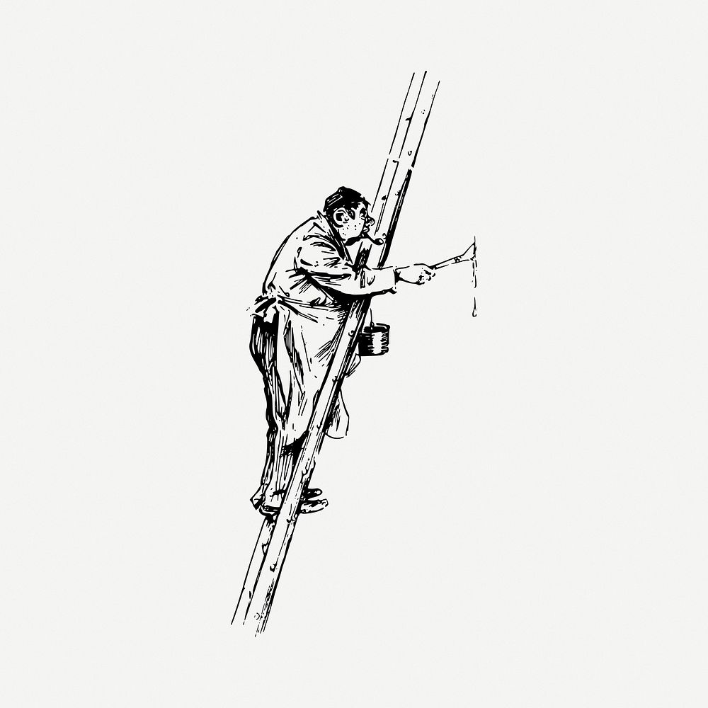 Painter on ladder drawing, vintage illustration psd. Free public domain CC0 image.