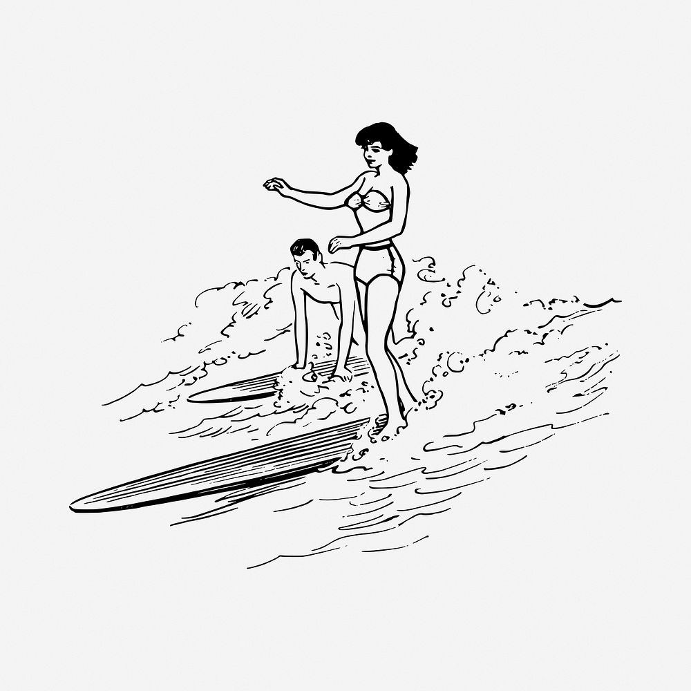 Surfers drawing, vintage illustration. Free public domain CC0 image.