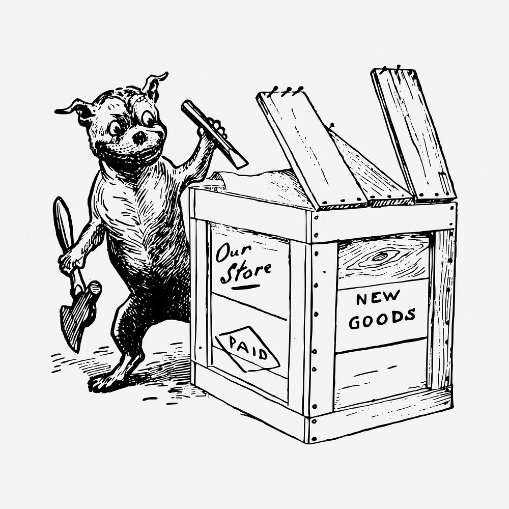 Dog carpenter cartoon drawing, vintage illustration. Free public domain CC0 image.