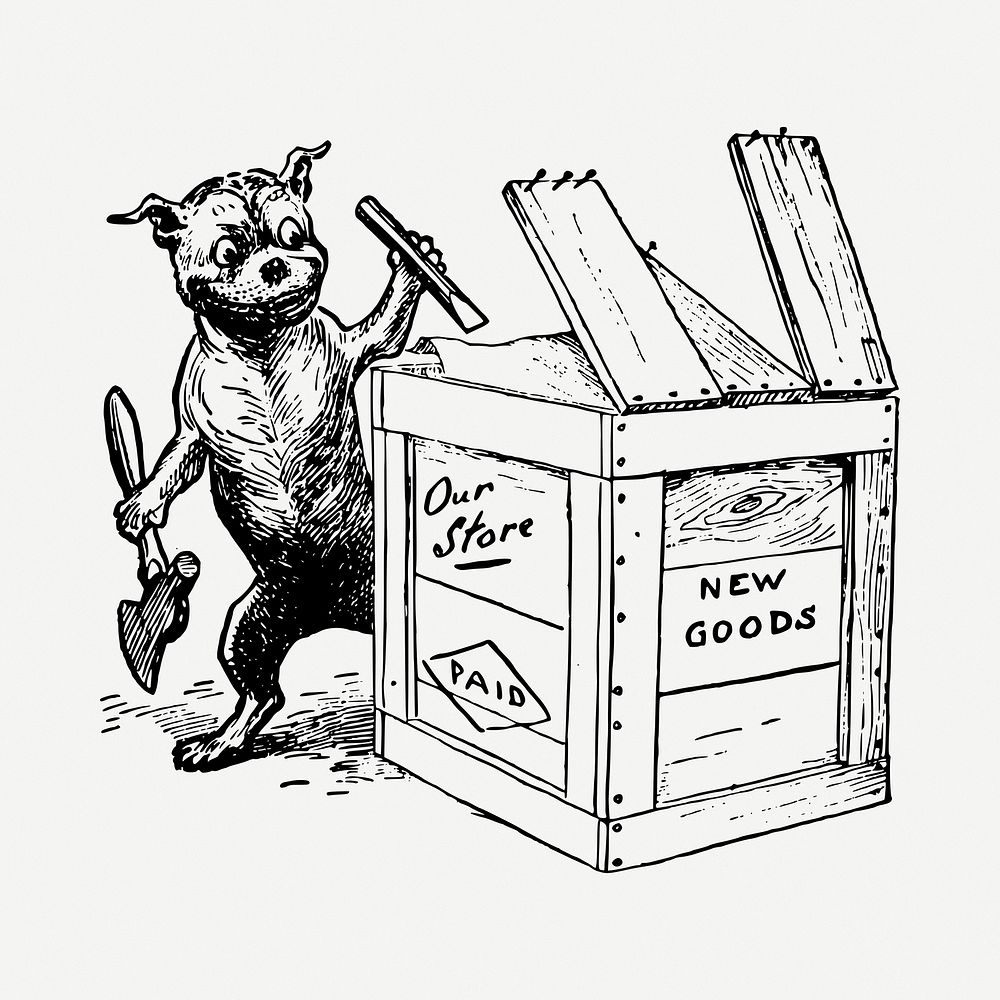 Dog carpenter cartoon drawing, vintage illustration psd. Free public domain CC0 image.