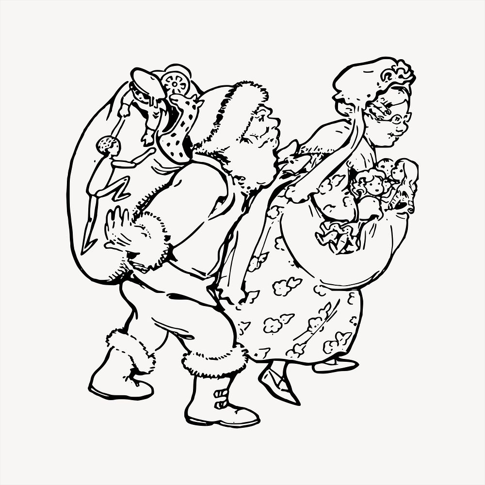 Santa Claus, Mrs. Claus  clipart, vintage hand drawn vector. Free public domain CC0 image.