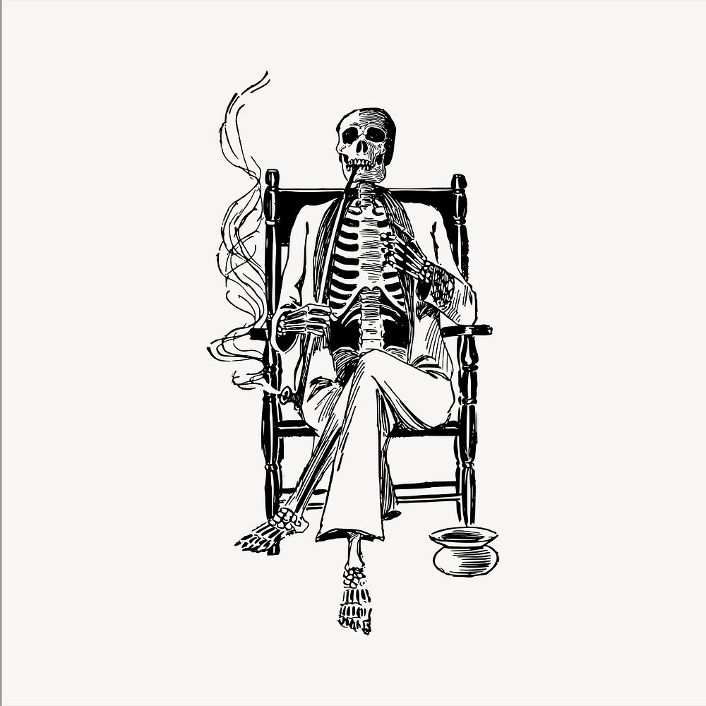 Smoking skeleton clipart, vintage hand drawn vector. Free public domain CC0 image.