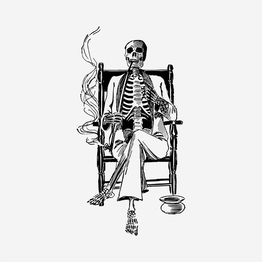 Smoking skeleton drawing, vintage illustration. Free public domain CC0 image.
