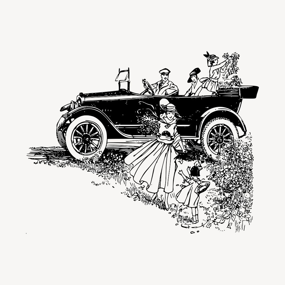 Retro car, family trip  clipart, vintage hand drawn vector. Free public domain CC0 image.