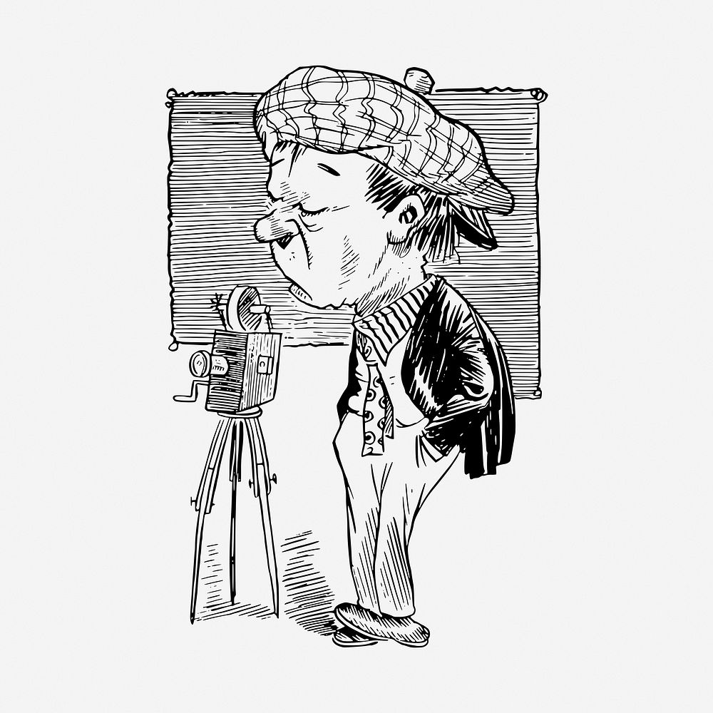 Cameraman caricature drawing, vintage illustration. Free public domain CC0 image.