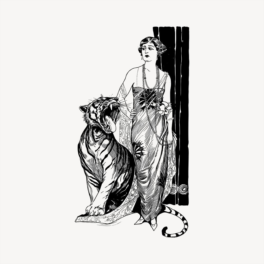 Lady and tiger  clipart, vintage hand drawn vector. Free public domain CC0 image.