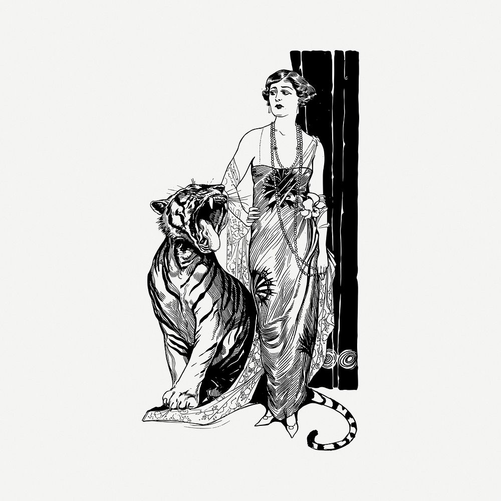 Lady and tiger drawing, vintage illustration psd. Free public domain CC0 image.