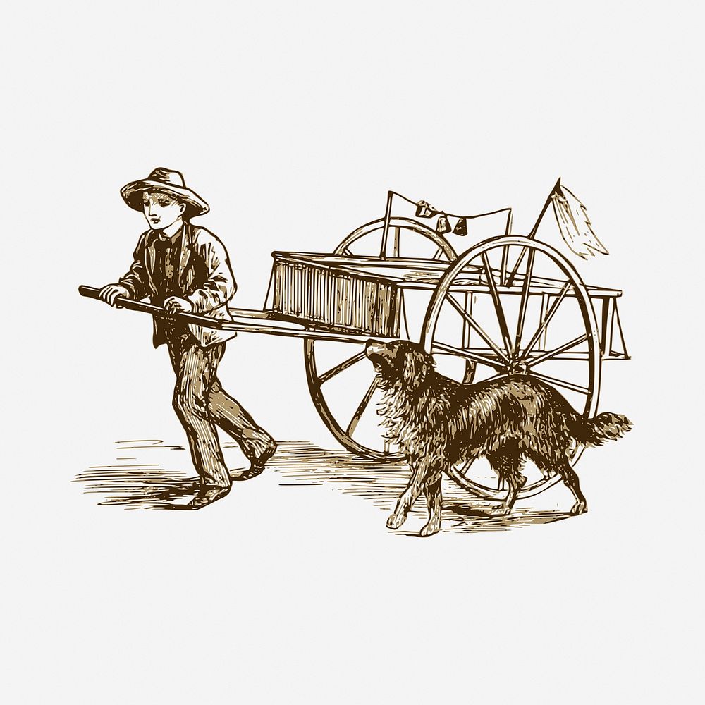 Man pulling wagon drawing, vintage illustration. Free public domain CC0 image.