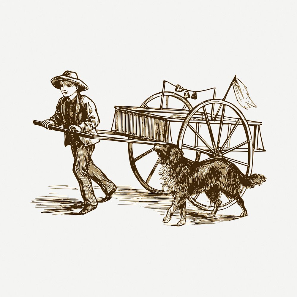 Man pulling wagon drawing, vintage illustration psd. Free public domain CC0 image.