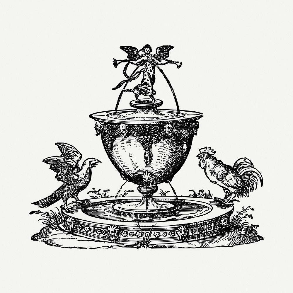 Fountain  drawing, vintage illustration psd. Free public domain CC0 image.