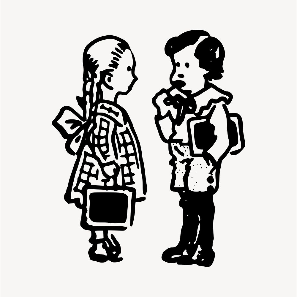 School kids   clipart, vintage hand drawn vector. Free public domain CC0 image.