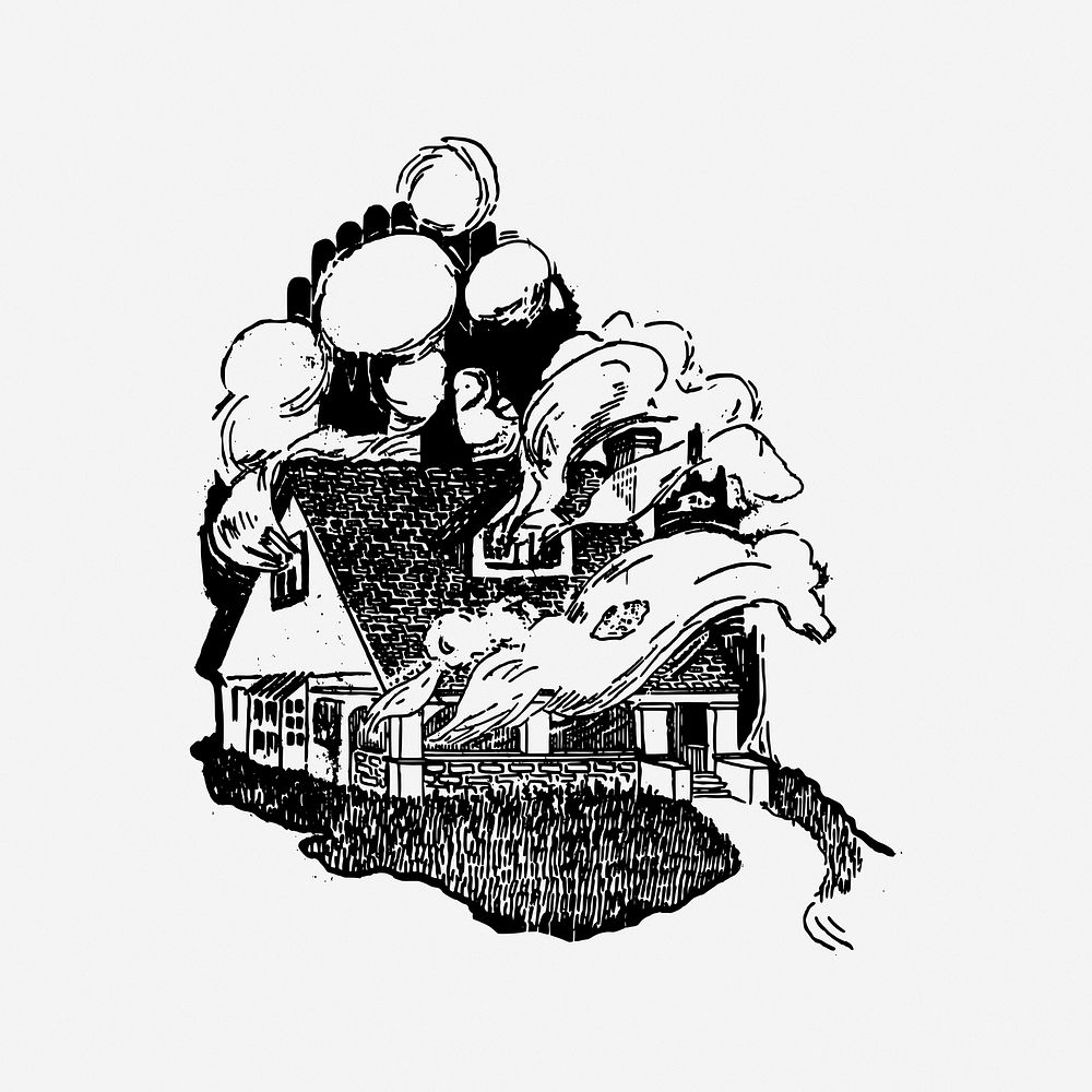 Smoky house, vintage drawing illustration. Free public domain CC0 image.