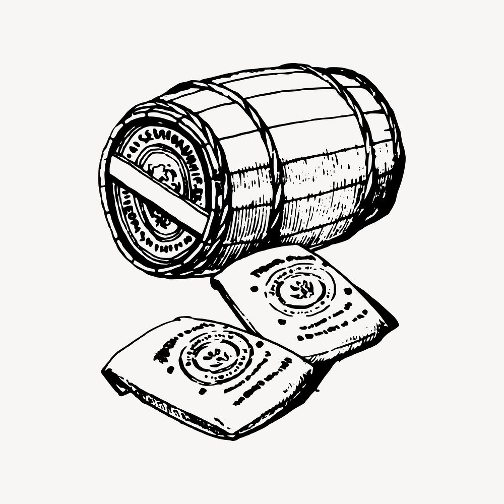 Barrel and Bags collage element, drawing illustration vector. Free public domain CC0 image.