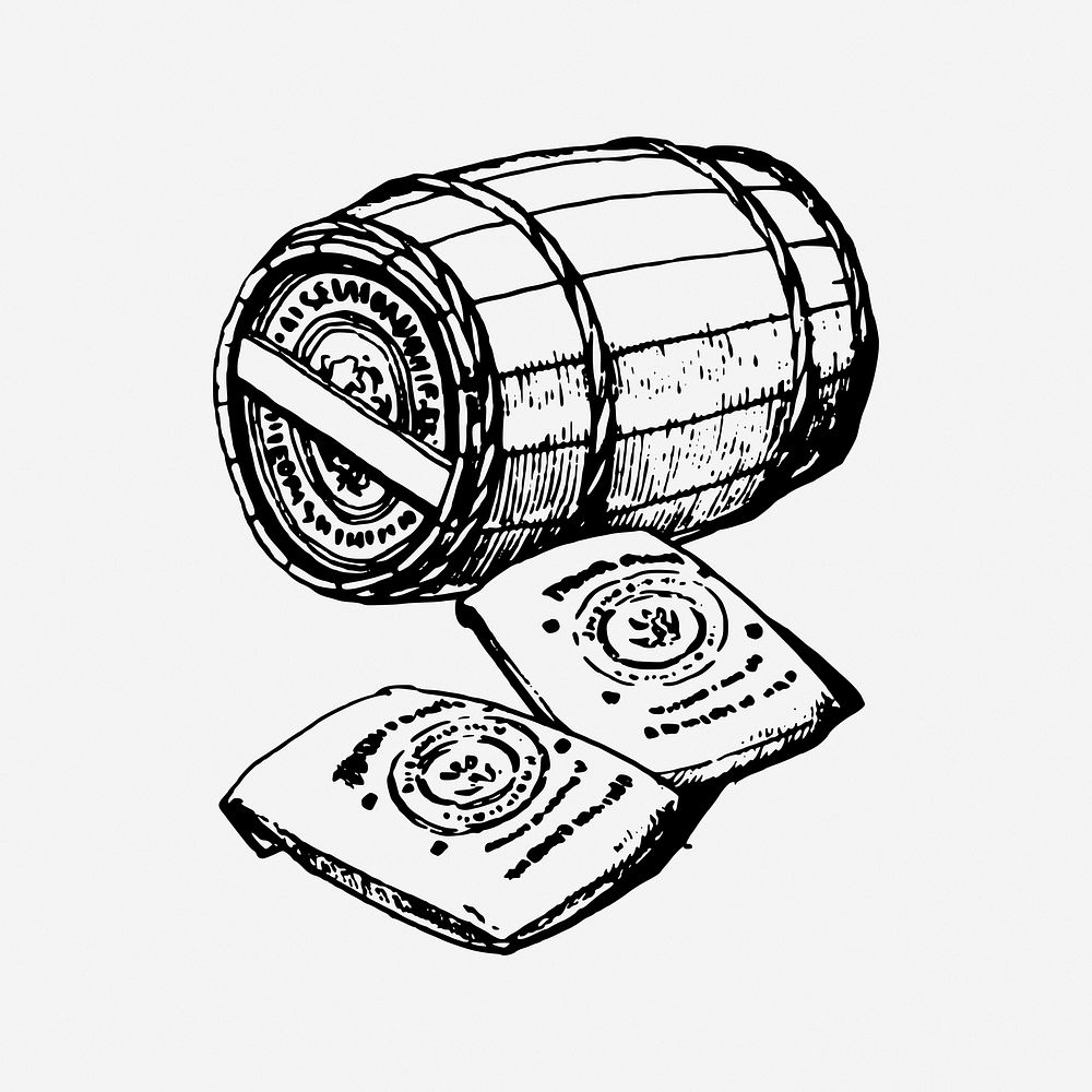 Barrel and Bags, vintage drawing illustration. Free public domain CC0 image.