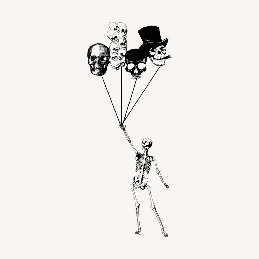 Balloon & skeleton collage element, drawing illustration vector. Free public domain CC0 image.