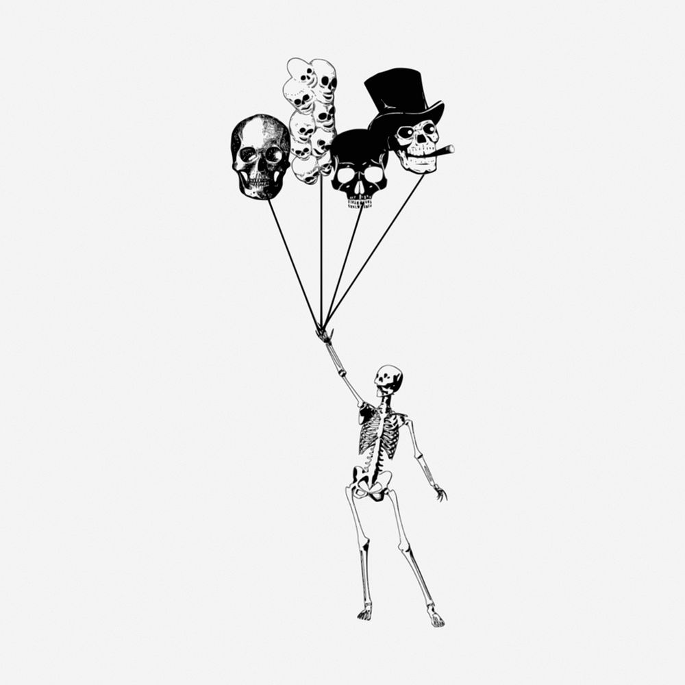 Balloon & skeleton, vintage drawing illustration. Free public domain CC0 image.