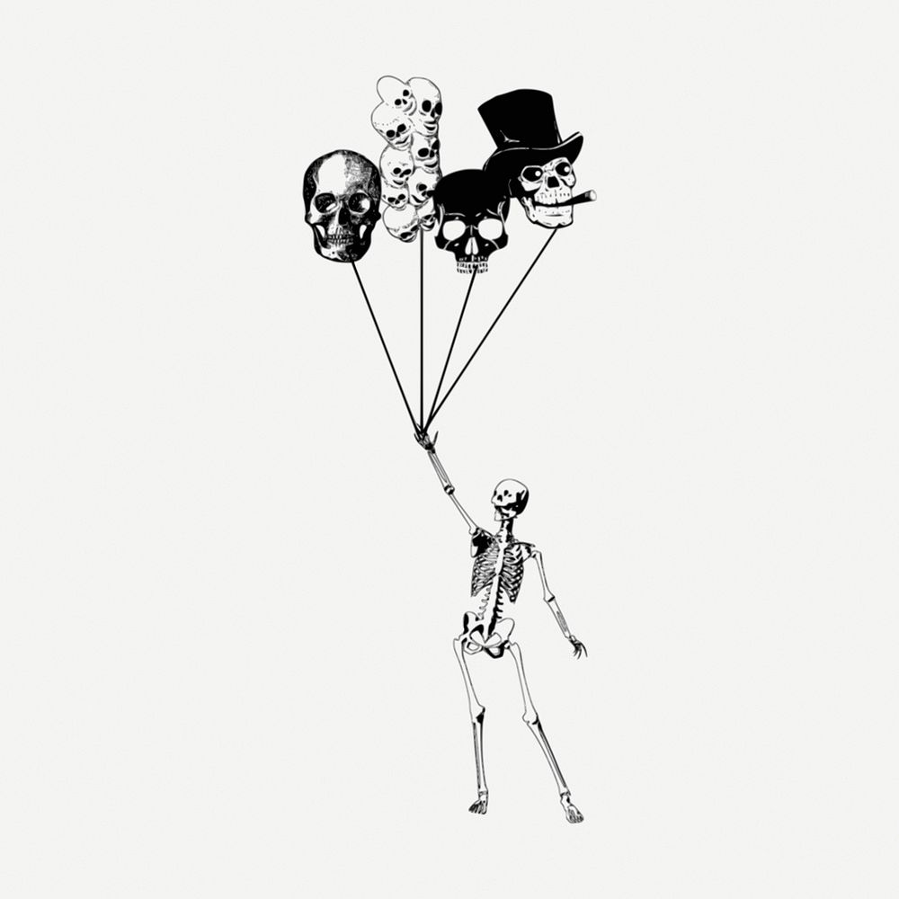 Balloon & skeleton clipart, vintage illustration psd. Free public domain CC0 image.