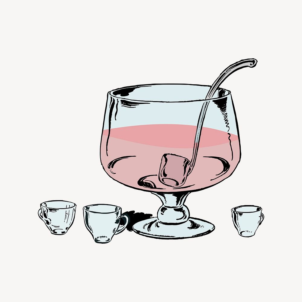 Punch bowl collage element, drawing illustration vector.