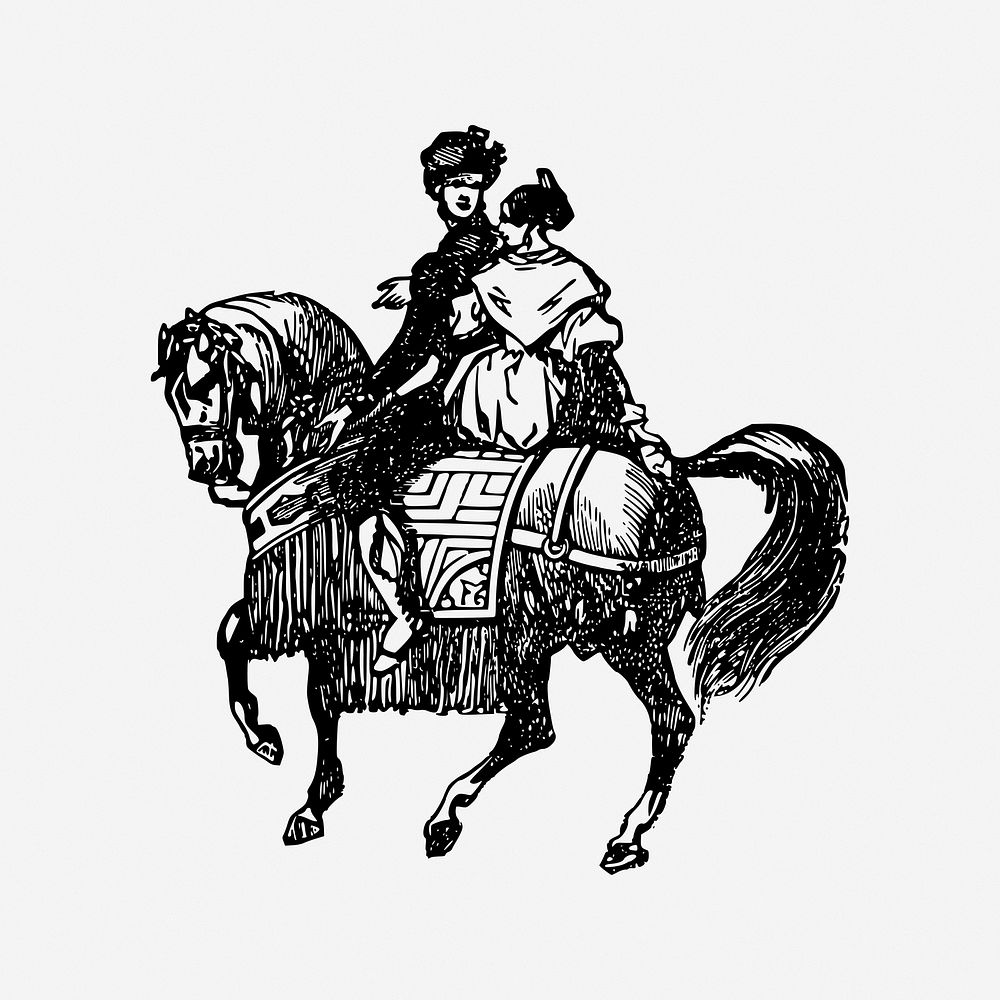 Couple on horse, vintage drawing illustration. Free public domain CC0 image.