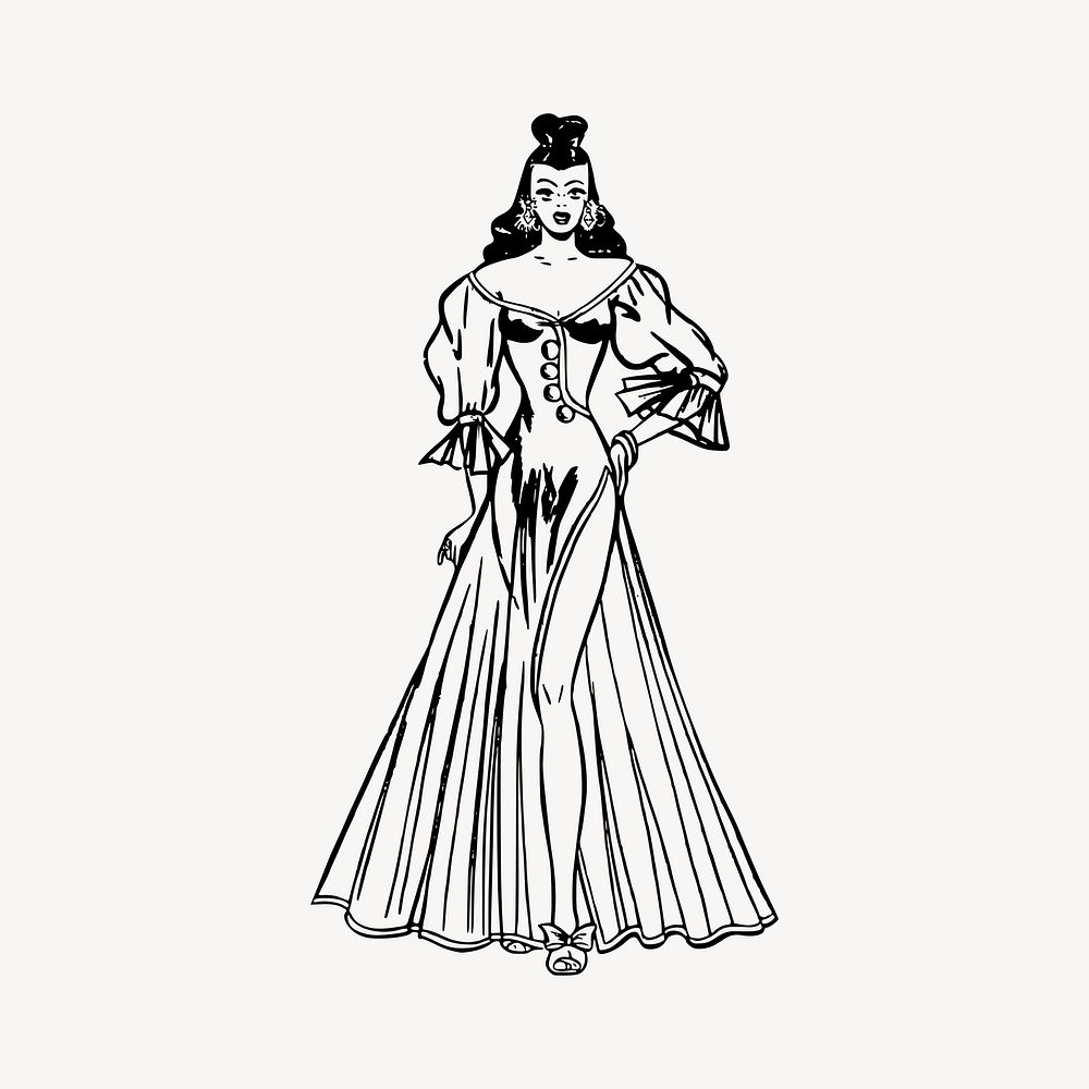 Woman in dress collage element, drawing illustration vector. Free public domain CC0 image.