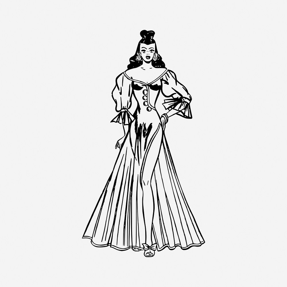 Woman in dress, vintage drawing illustration. Free public domain CC0 image.