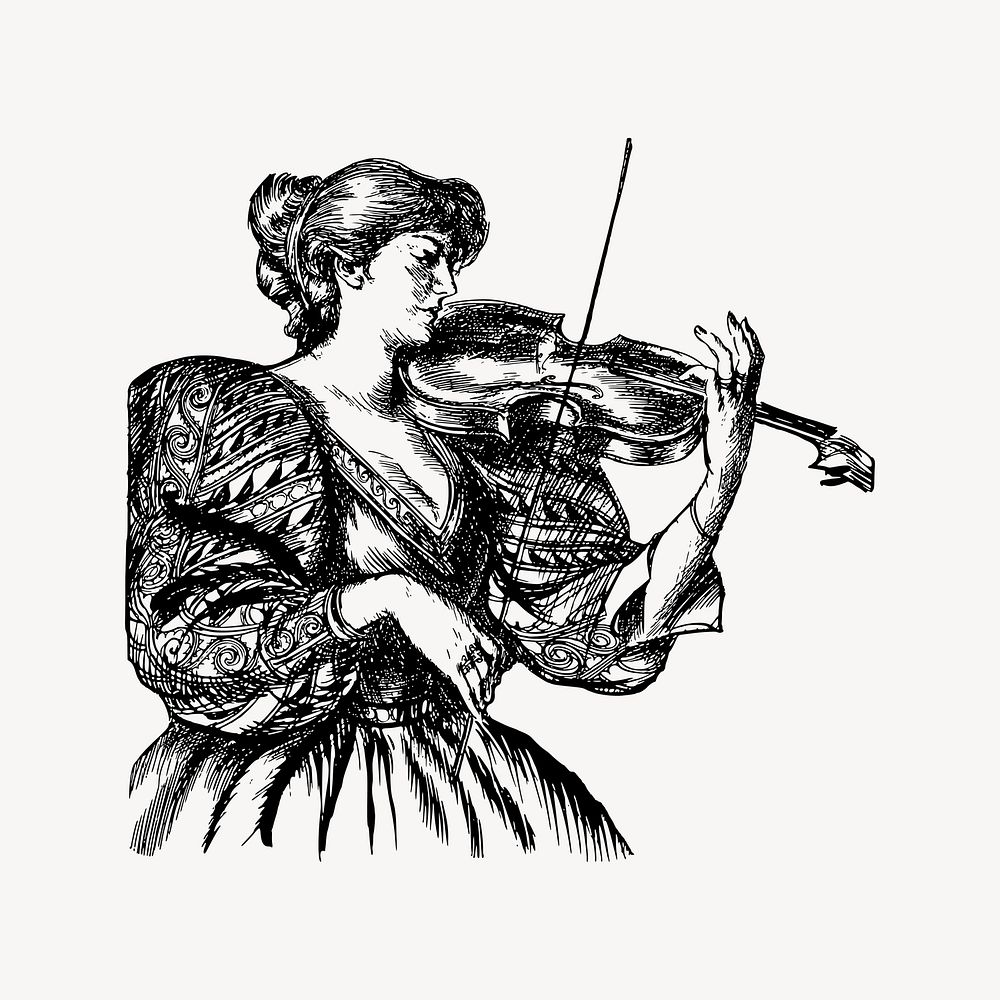 Woman playing violin collage element, drawing illustration vector. Free public domain CC0 image.