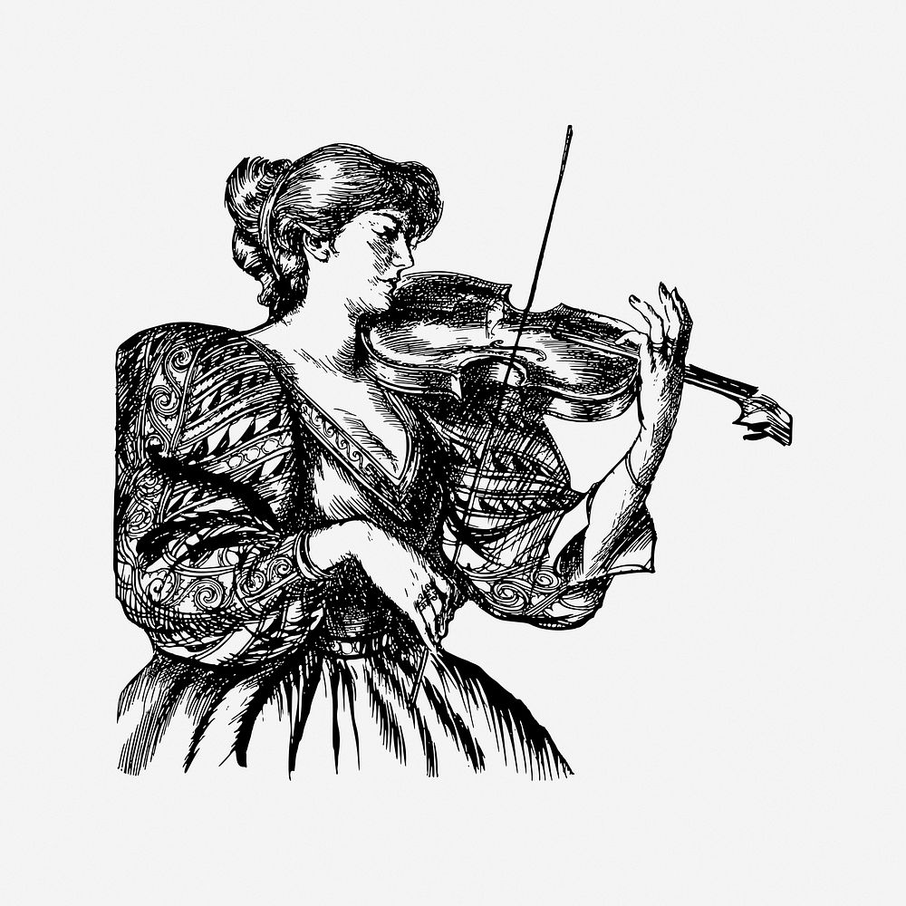 Woman playing violin, vintage drawing illustration. Free public domain CC0 image.