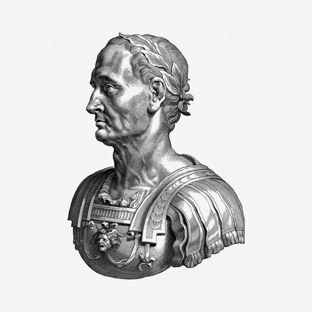 Julius Caesar bust, vintage drawing illustration. Free public domain CC0 image.