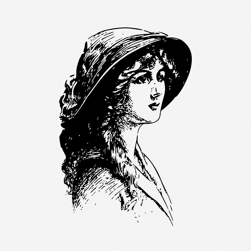 Woman in hat, vintage drawing illustration. Free public domain CC0 image.