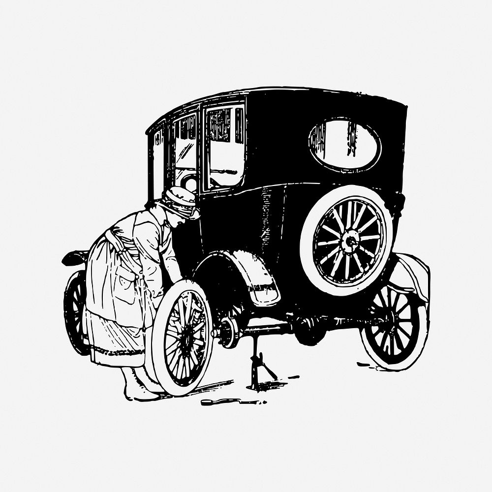 Woman changing tire, vintage drawing illustration. Free public domain CC0 image.