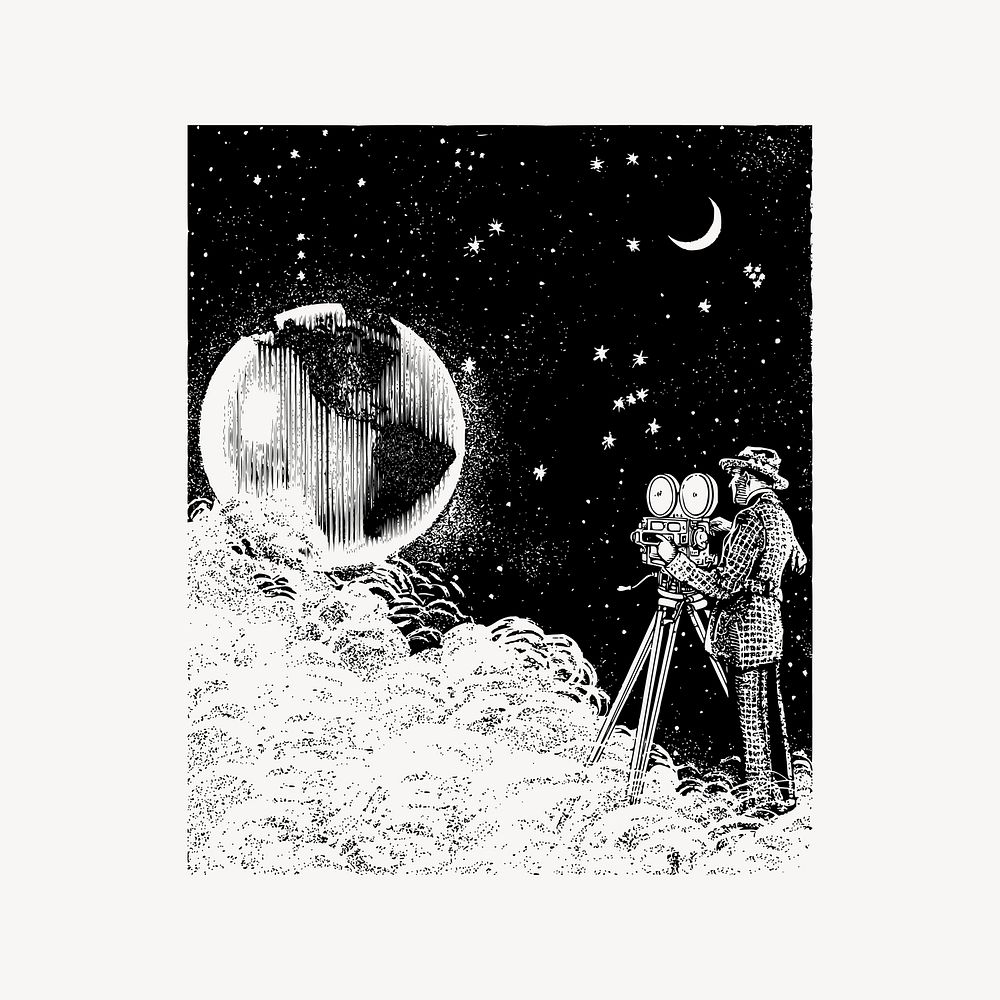 Man filming earth collage element, drawing illustration vector. 