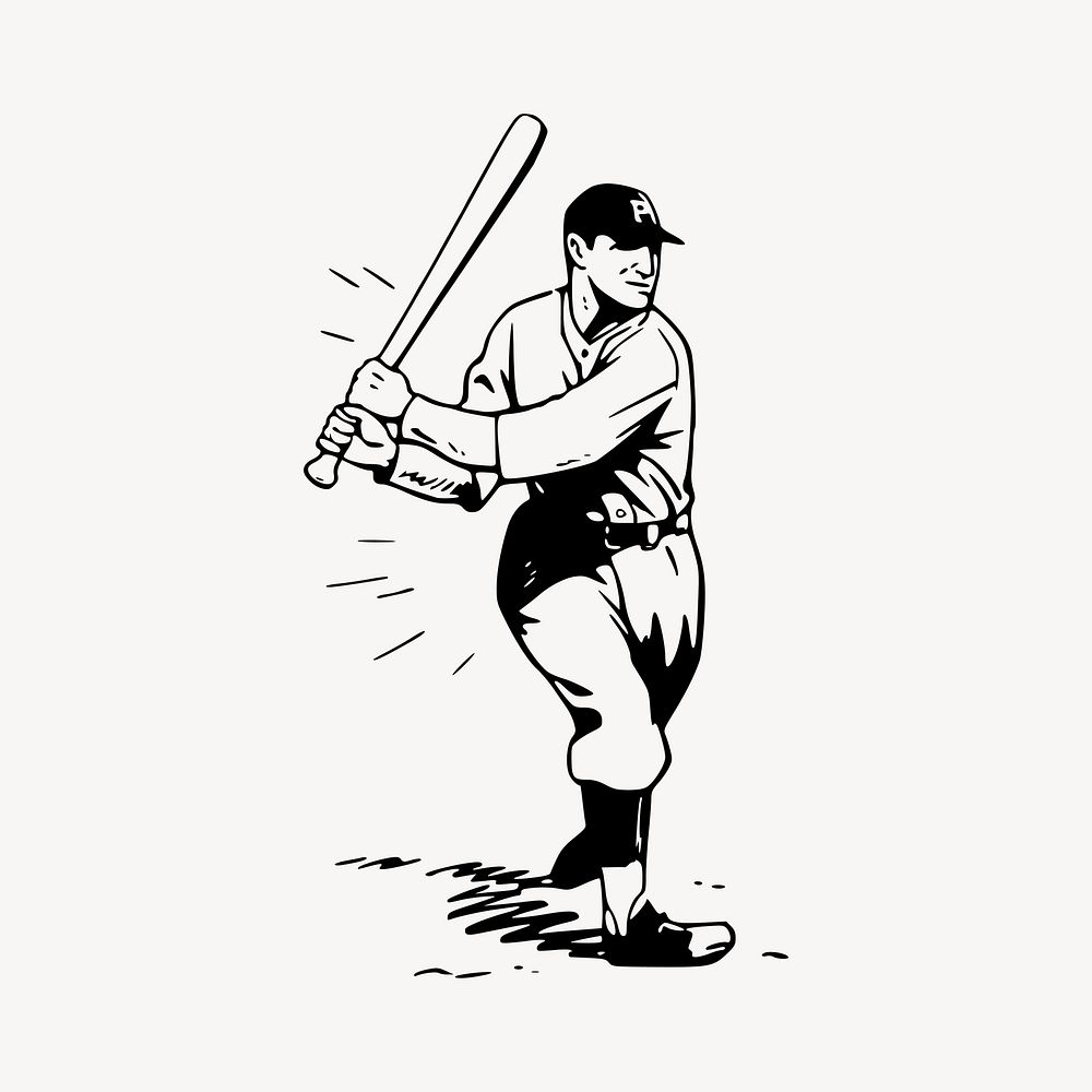 Baseball player collage element, drawing illustration vector. Free public domain CC0 image.