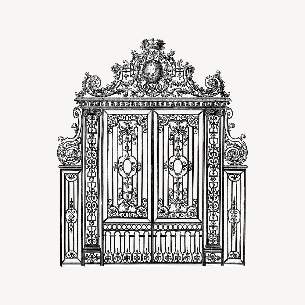 Antique gate collage element, drawing illustration vector. Free public domain CC0 image.