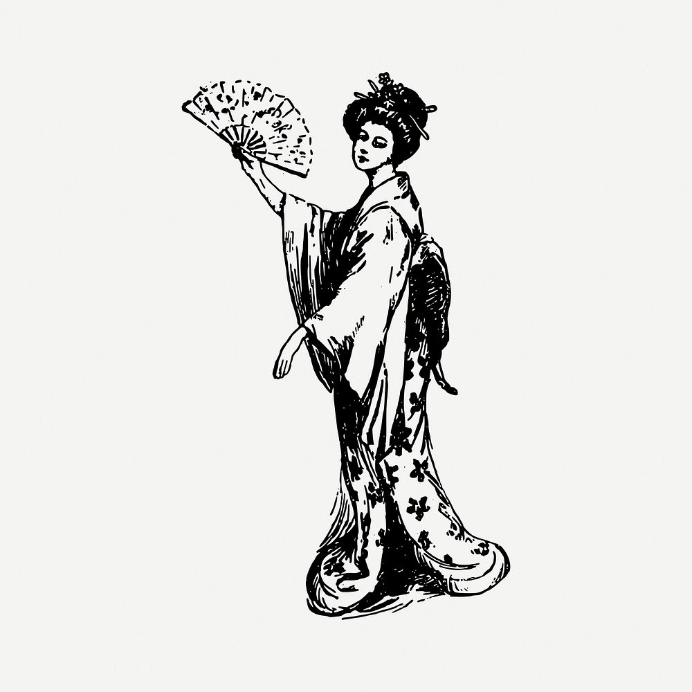 Kimono lady clipart, vintage illustration psd. 