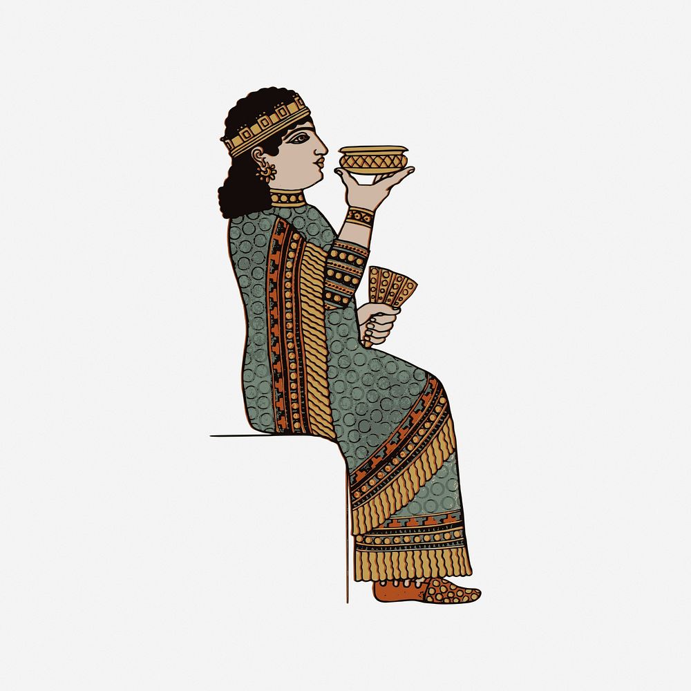 Assyrian clothes, vintage drawing illustration. Free public domain CC0 image.